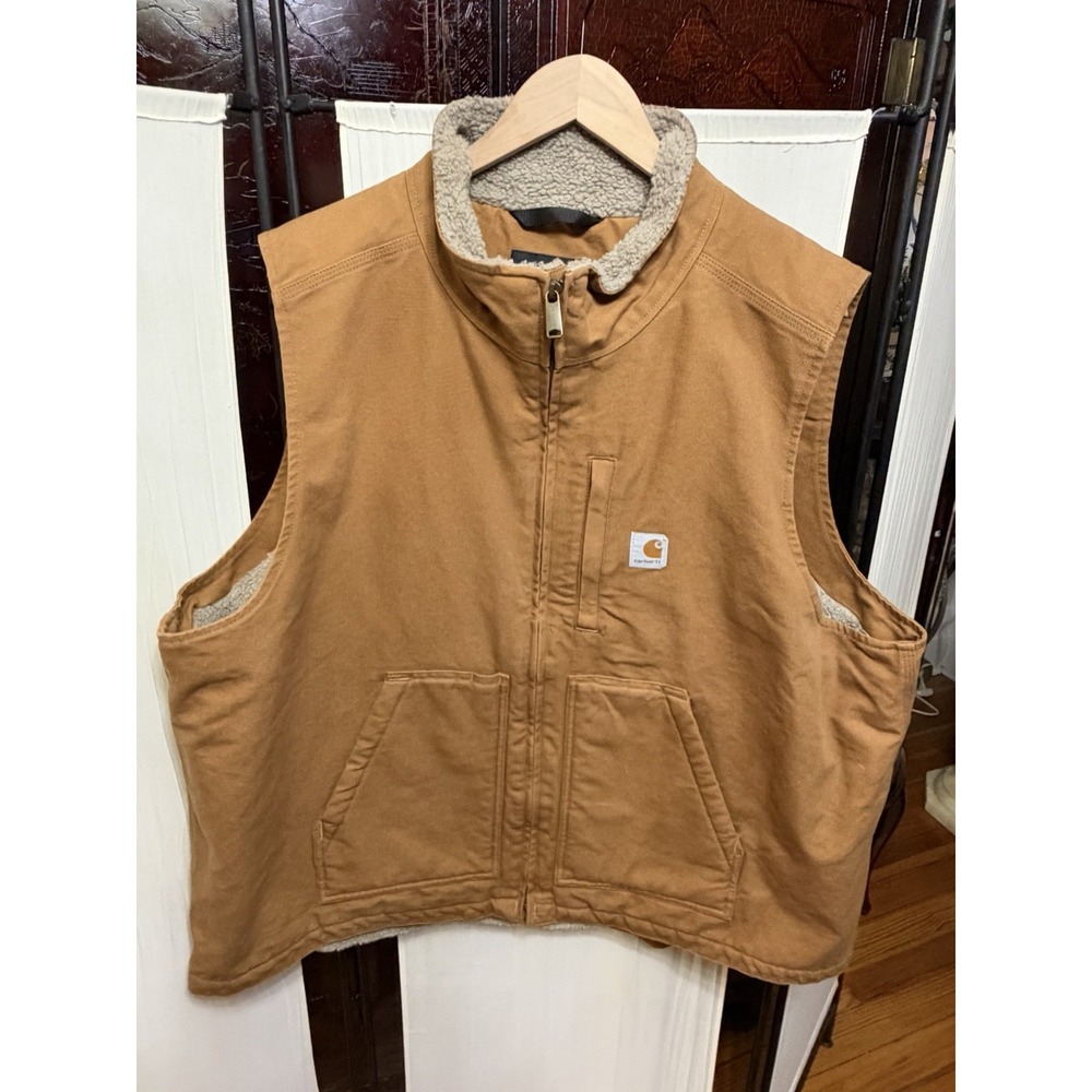 Carhartt Mens 2XL Brown Washed Duck Sherpa Lined Mock Neck Vest 1042